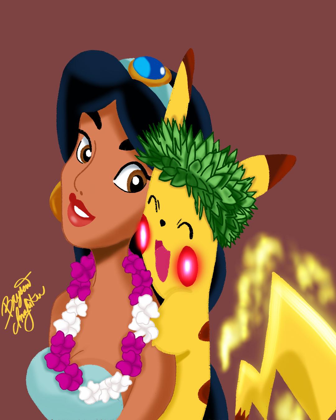 Jasmine and Pikachu aloha mashup illustration