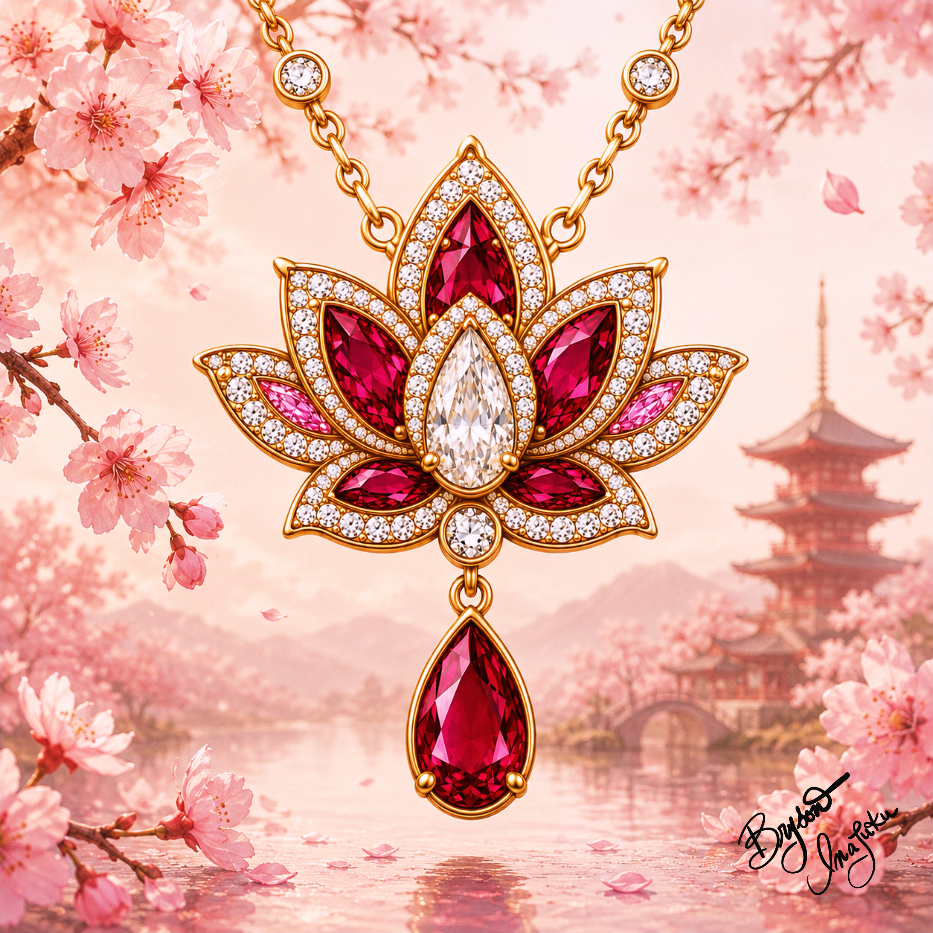 Jeweled lotus necklace illustration with cherry blossoms
