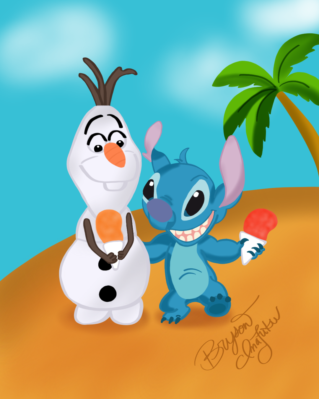 Stitch and Olaf on the beach illustration