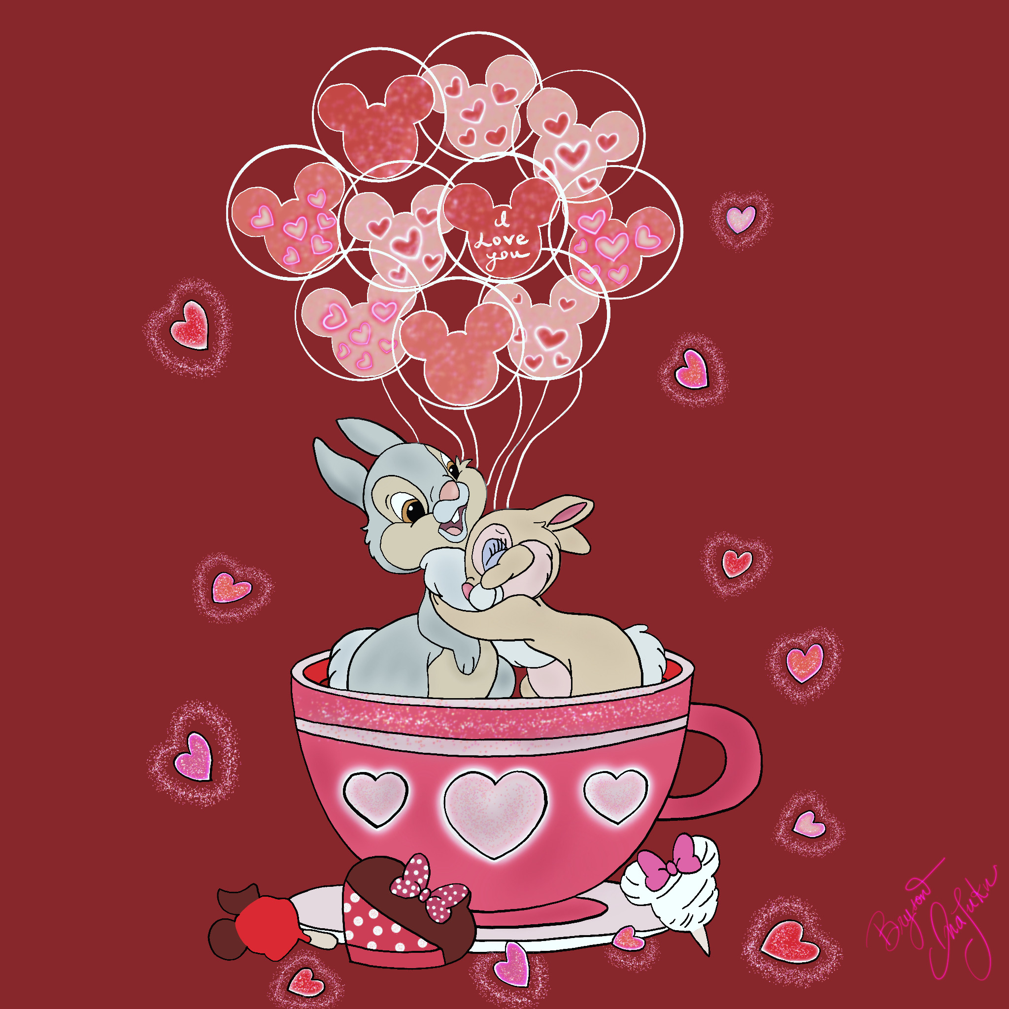 Bunnies in a teacup with heart balloons illustration